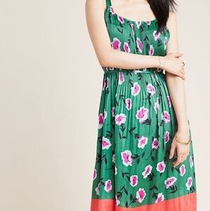 NWT Anthropologie Green Satin Floral Midi Dress